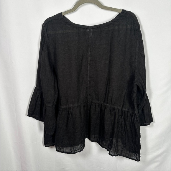 Kleen 100% Linen Peplum Blouse Boho Lagenlook Black Size L Bell Sleeves - Picture 7 of 8
